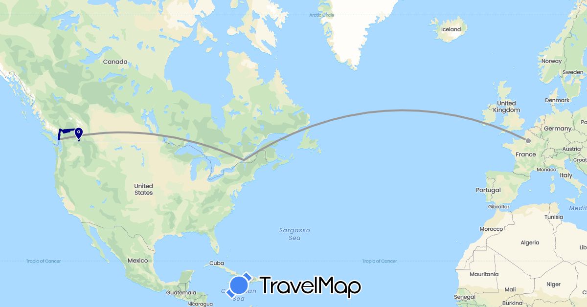 TravelMap itinerary: driving, plane, boat in Canada, France (Europe, North America)